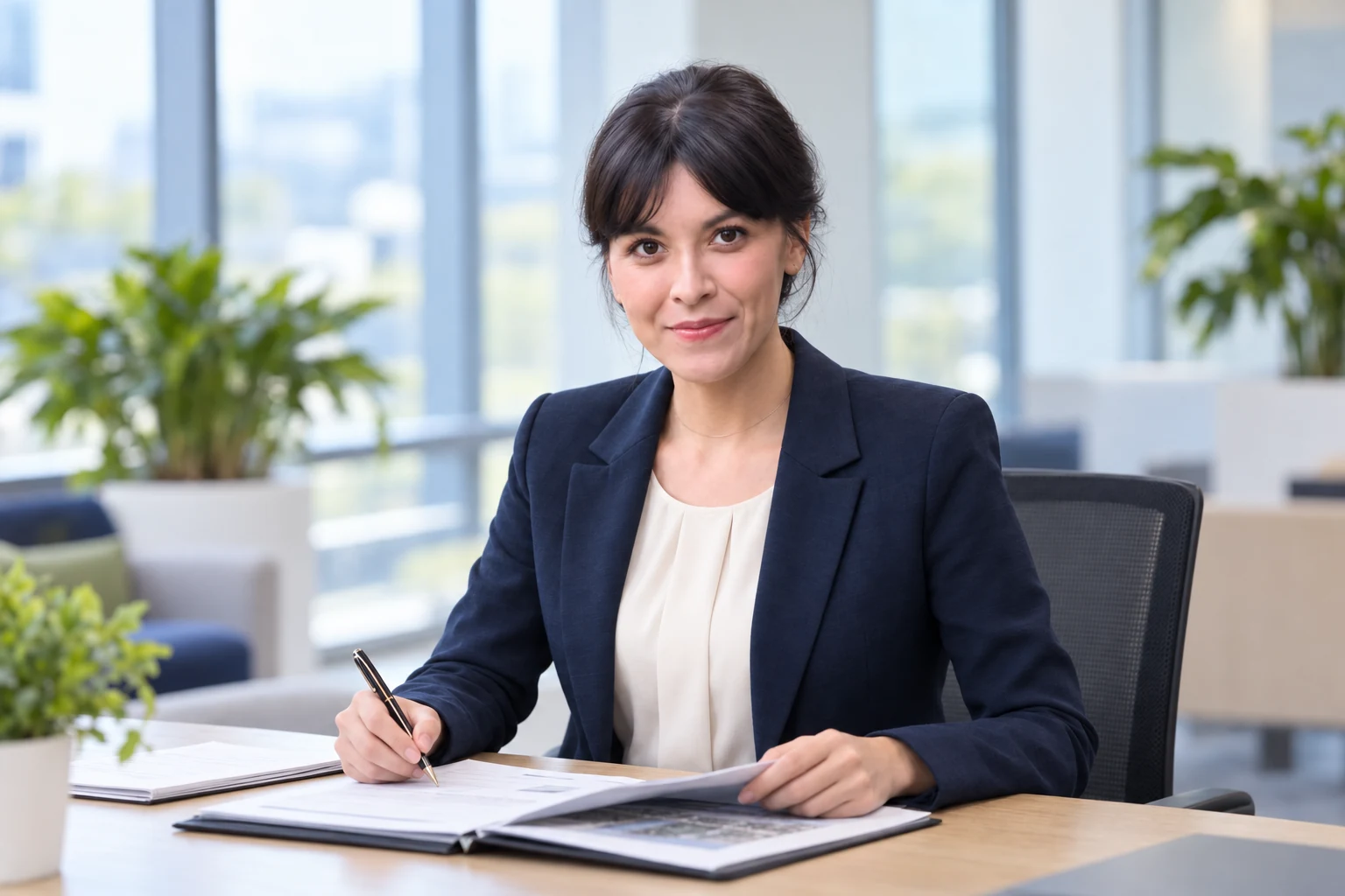 Yvonne Hauenstein-Sille prüft Projektunterlagen im Büro